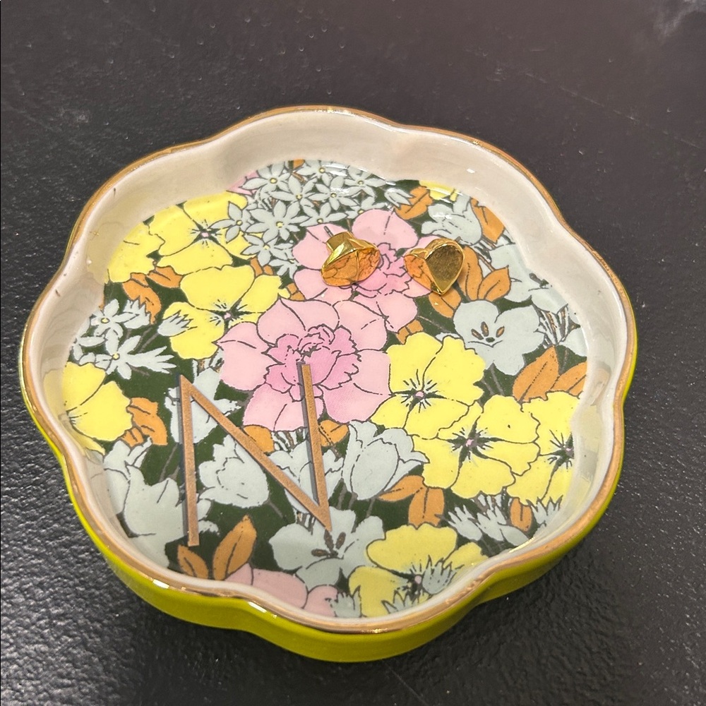 New Anthropologie Floral initialed (N) Ceramic Jewelry Trinket Dish